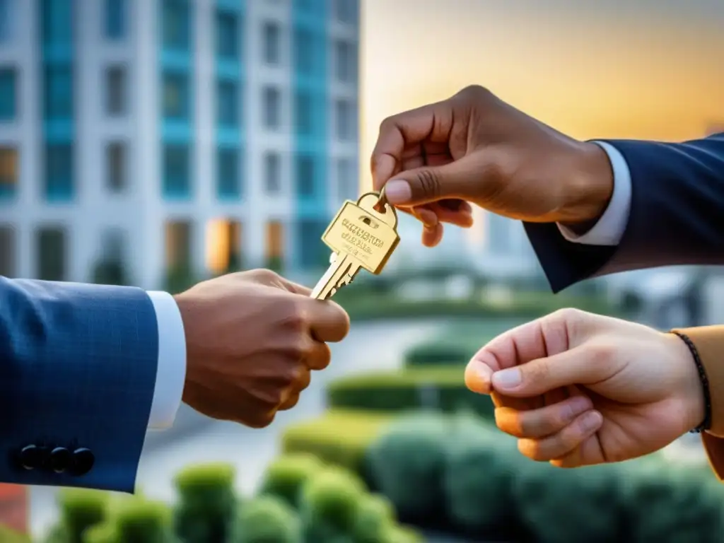Intercambio de llaves entre expatriados en edificio de lujo 'Diversidad y unidad: expatriados intercambian llaves frente a lujoso edificio residencial, representando inversión global en finanzas residenciales