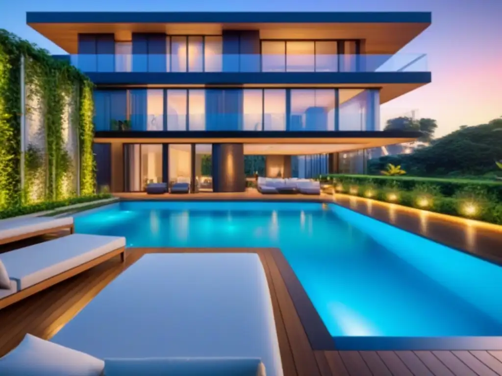 Edificio de apartamentos moderno y lujoso con piscina y atardecer Diversificación cartera inmobiliaria protección: Edificio moderno de lujo con exteriores de vidrio, rodeado de naturaleza y piscina al atardecer