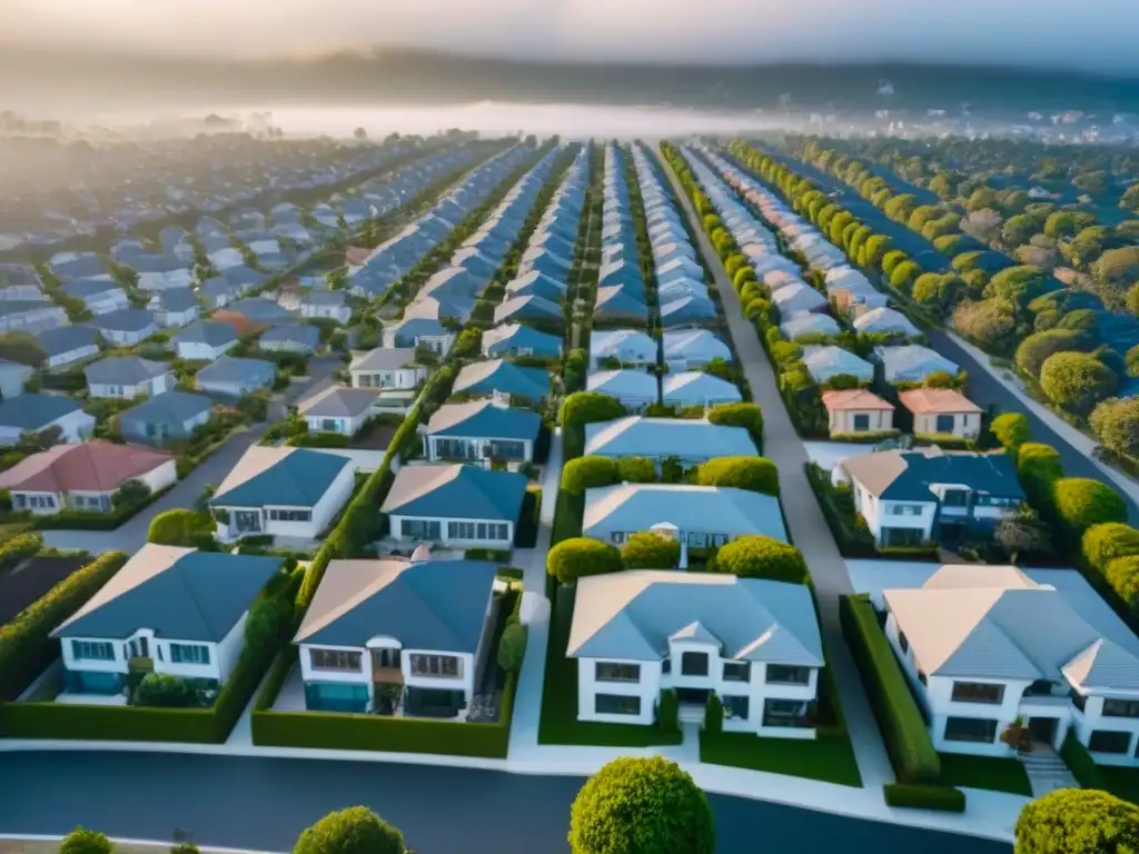 Portafolio inmobiliario diversificado: vista aérea detallada Diversificación cartera inmobiliaria protección: Vista aérea detallada de una cartera diversa de propiedades inmobiliarias en diferentes ubicaciones