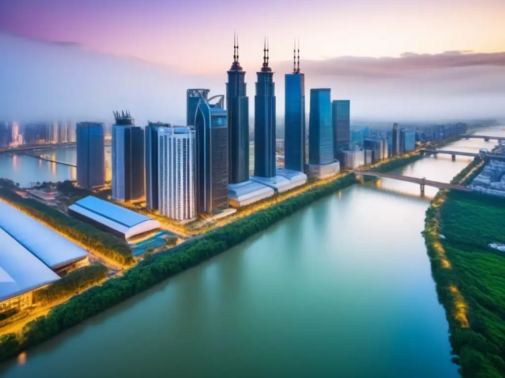 Espectacular ciudad moderna al anochecer: luces, río y rascacielos Diversificación internacional portafolios inmobiliarios: impresionante ciudad moderna al anochecer, con rascacielos iluminados y un río sereno