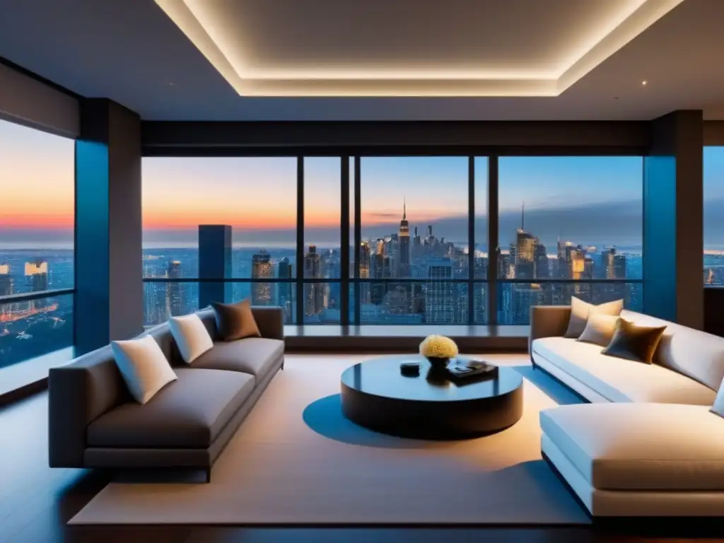 Penthouse de lujo con domótica integrada y vistas urbanas al atardecer Domótica en inversión inmobiliaria internacional: Salón de lujo con tecnología inteligente y vista nocturna urbana