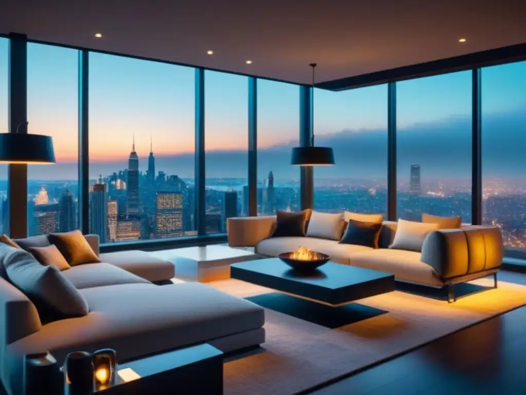 Salón de lujo en casa inteligente: diseño elegante y tecnología avanzada Domótica en mercado inmobiliario internacional: Sala de estar lujosa y moderna con sistemas de automatización y diseño elegante