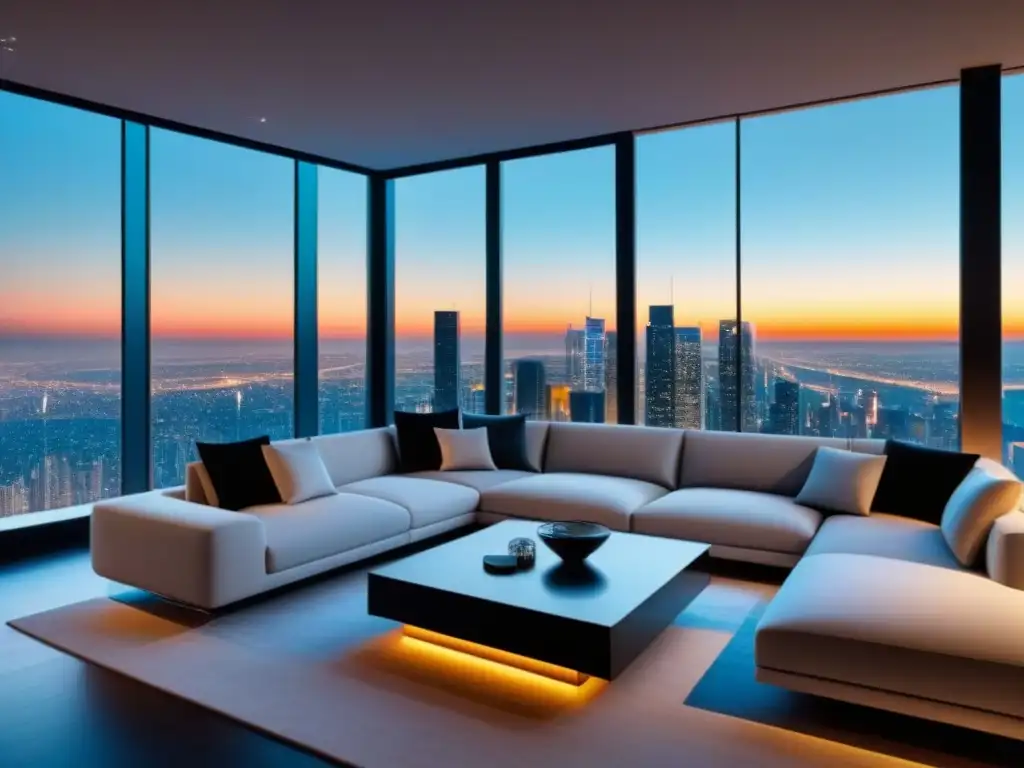 Salón de lujo smart: diseño vanguardista y tecnología integrada Domótica en mercado inmobiliario internacional: Sala de estar lujosa y futurista con tecnología inteligente y vistas nocturnas a la ciudad