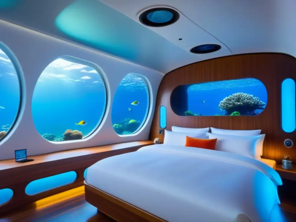 Dormitorio submarino de lujo con vistas a arrecifes de coral Un dormitorio submarino de lujo con ventanales, coral vibrante y peces coloridos