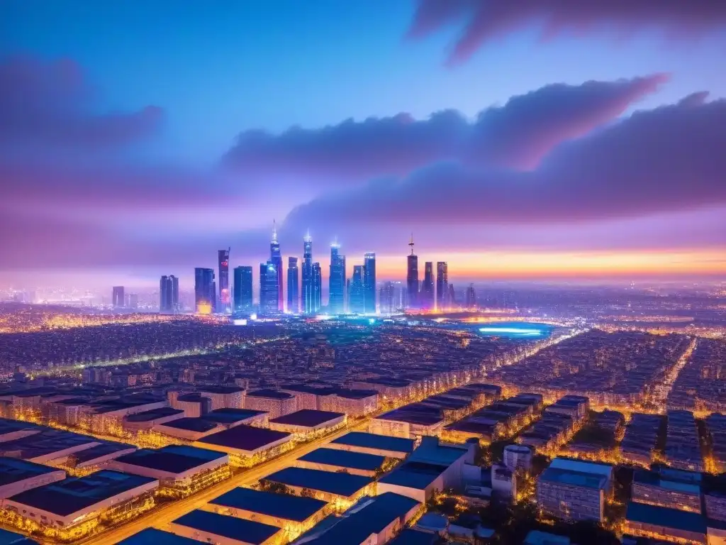Skyline futurista con dron AI en acción Un dron AI sobrevuela una ciudad futurista al anochecer, iluminada por luces de neón