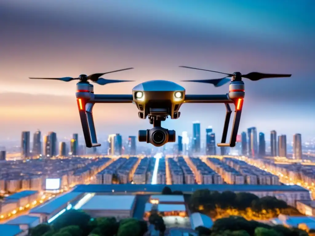 Drone futurista vigilando ciudad de noche Un dron futurista iluminado por luces de la ciudad, vigilando una urbe moderna