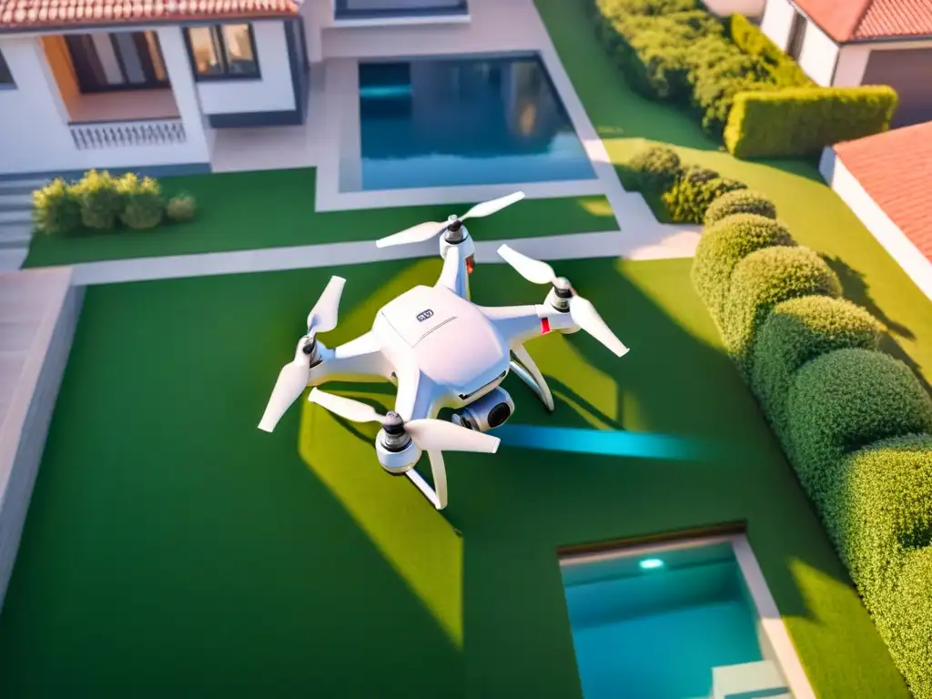 Drone de alta tecnología vigilando exclusivas propiedades Un dron moderno sobrevuela una lujosa zona residencial, destacando su papel en la Seguridad inmobiliaria con drones