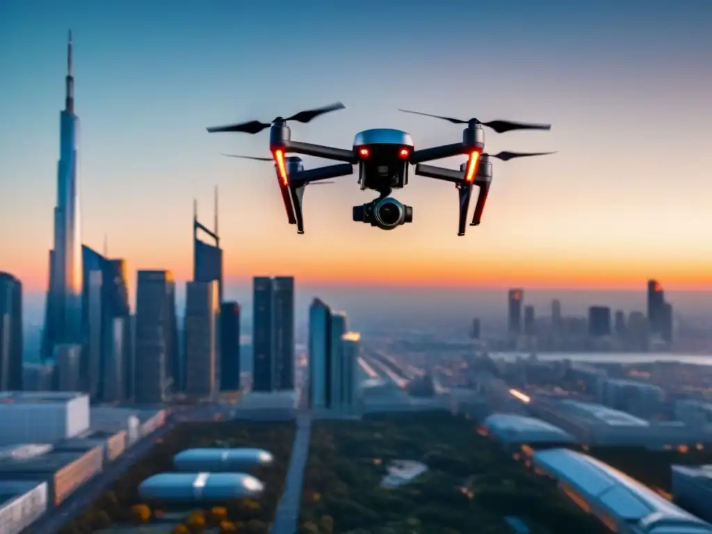 Drone futurista 8k iluminando la ciudad al atardecer Drone futurista iluminando la ciudad al atardecer, resaltando la seguridad inmobiliaria con drones