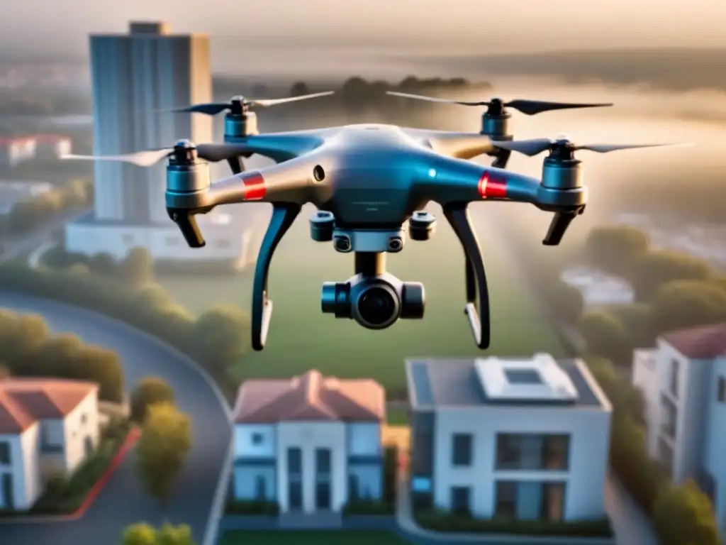 Drone de vigilancia avanzada sobre complejo residencial seguro Un drone moderno y avanzado sobrevuela un complejo residencial seguro, mostrando la innovación en Seguridad inmobiliaria con drones