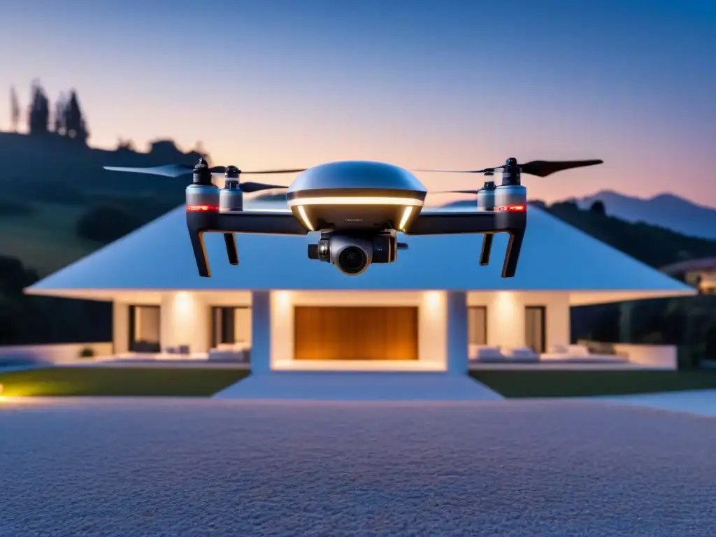 Un drone de seguridad autónoma patrulla una propiedad internacional de lujo de noche, garantizando protección las 24 horas