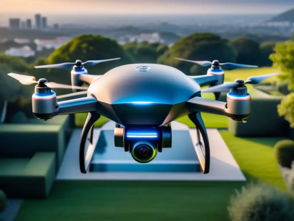 Drone de seguridad autónomo protegiendo propiedad internacional con tecnología de vanguardia
