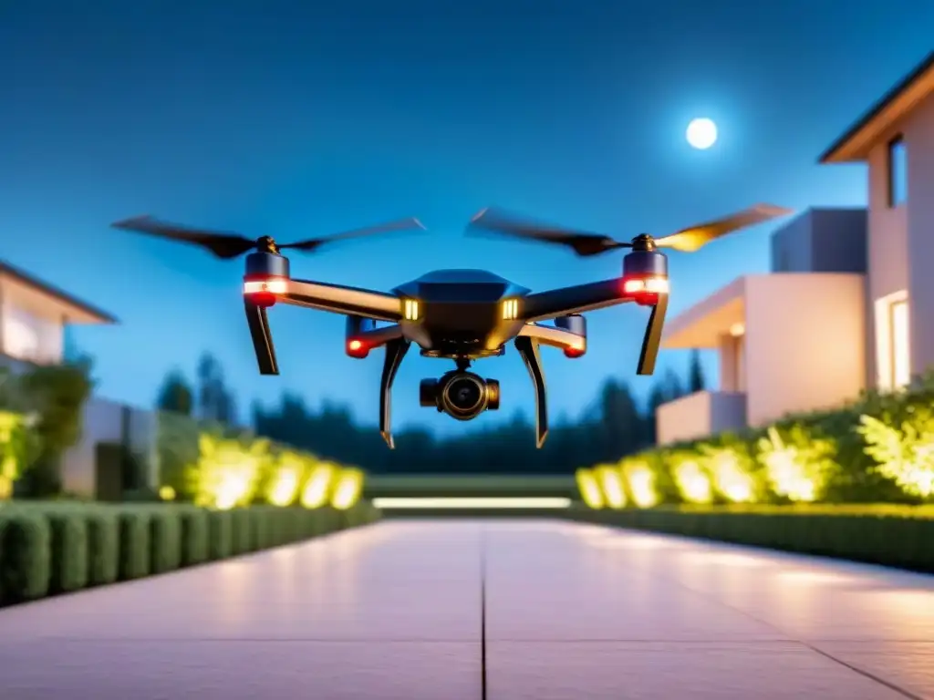 Drone de seguridad autónoma para propiedades internacionales, vigilando una lujosa propiedad de noche con tecnología avanzada