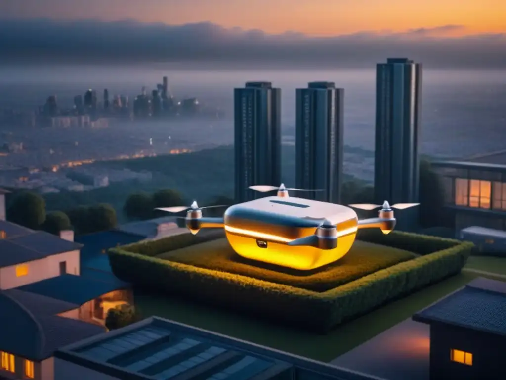 Entrega de paquetes futurista con drones AI en ciudad inteligente Drones AI entregando paquetes en una ciudad futurista, integrando la Inteligencia Artificial en Compra Inmobiliaria