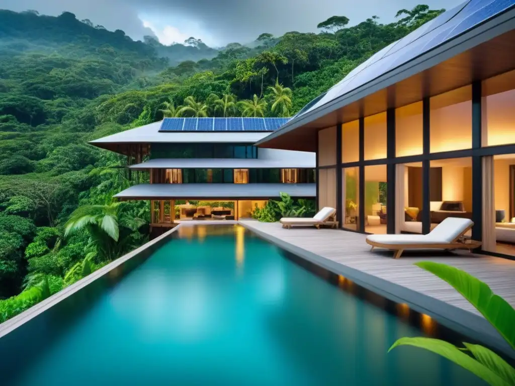 Resort ecológico de lujo en selva tropical Un ecoresort de lujo integrado en la exuberante selva tropical con paneles solares y jardines orgánicos