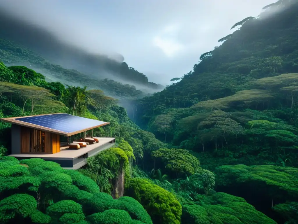 Paraíso ecológico: Resort moderno en la selva tropical Un eco-resort de lujo en la selva tropical, con diseño sostenible y actividades como yoga y senderismo