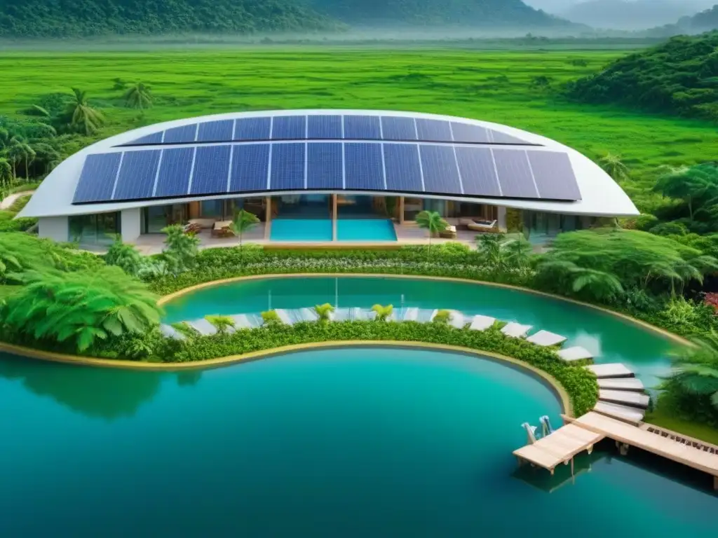 Resort ecofriendly: lujo sostenible en armonía con la naturaleza Un eco-resort moderno rodeado de naturaleza, con paneles solares y turbinas eólicas