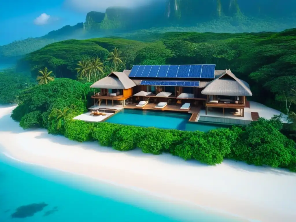 Ecoresort sostenible: lujo en armonía con la naturaleza Un ecoresort sostenible rodeado de naturaleza, con paneles solares brillantes y villas de madera integradas en el entorno