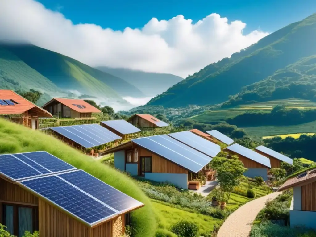 Ecovilla de lujo: arquitectura sostenible en valle verde Ecovillas de lujo mercado internacional en un valle verde con arquitectura sostenible y personas disfrutando actividades al aire libre
