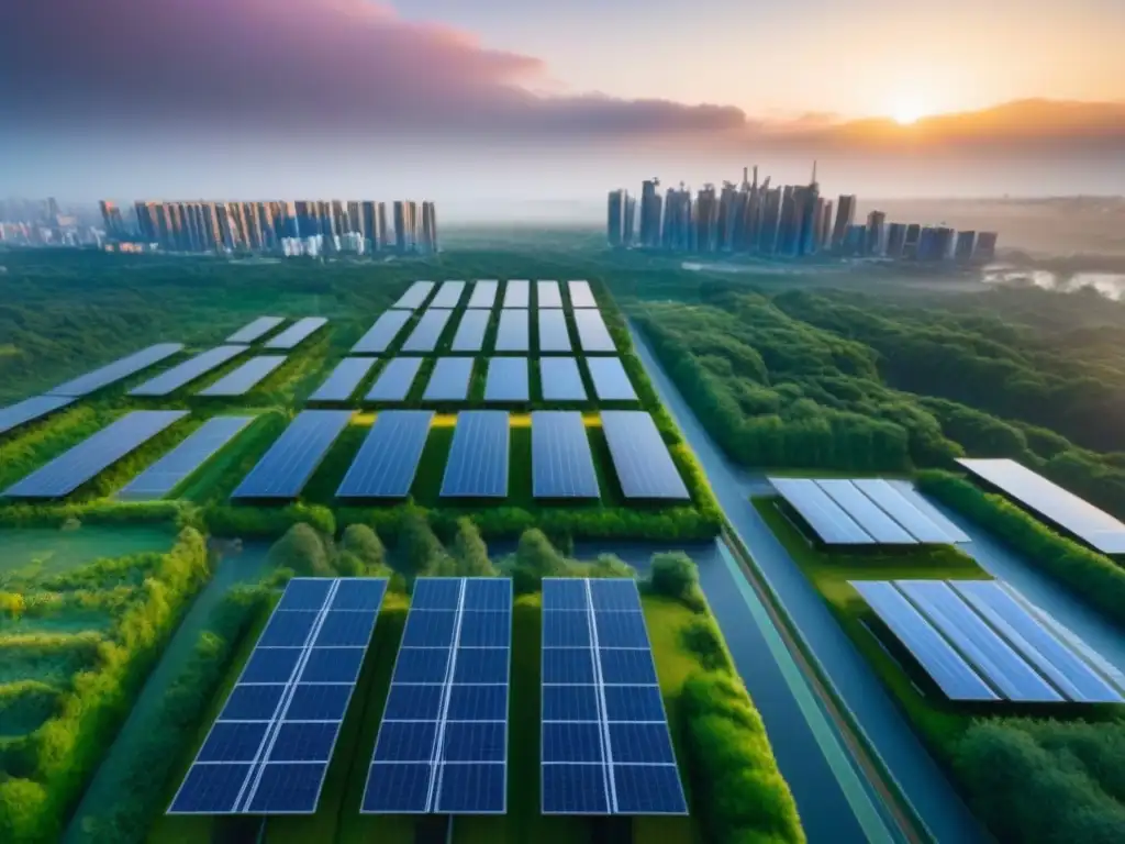 Horizonte sostenible: ciudad futurista con energía cero neto Edificaciones Zero Net Energy internacional en una ciudad futurista con paneles solares y vegetación en los techos al atardecer