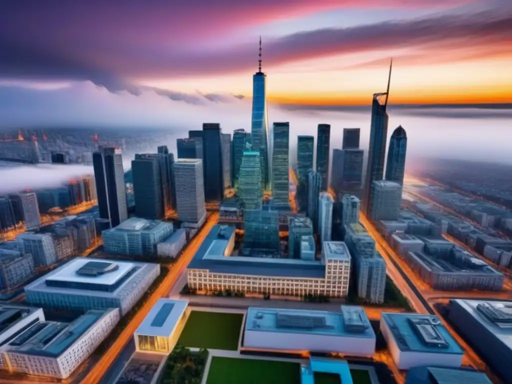 Espléndida arquitectura moderna en ciudad vibrante Edificaciones con propósito internacional: Un paisaje urbano moderno y vibrante con un impresionante edificio arquitectónico futurista en el centro
