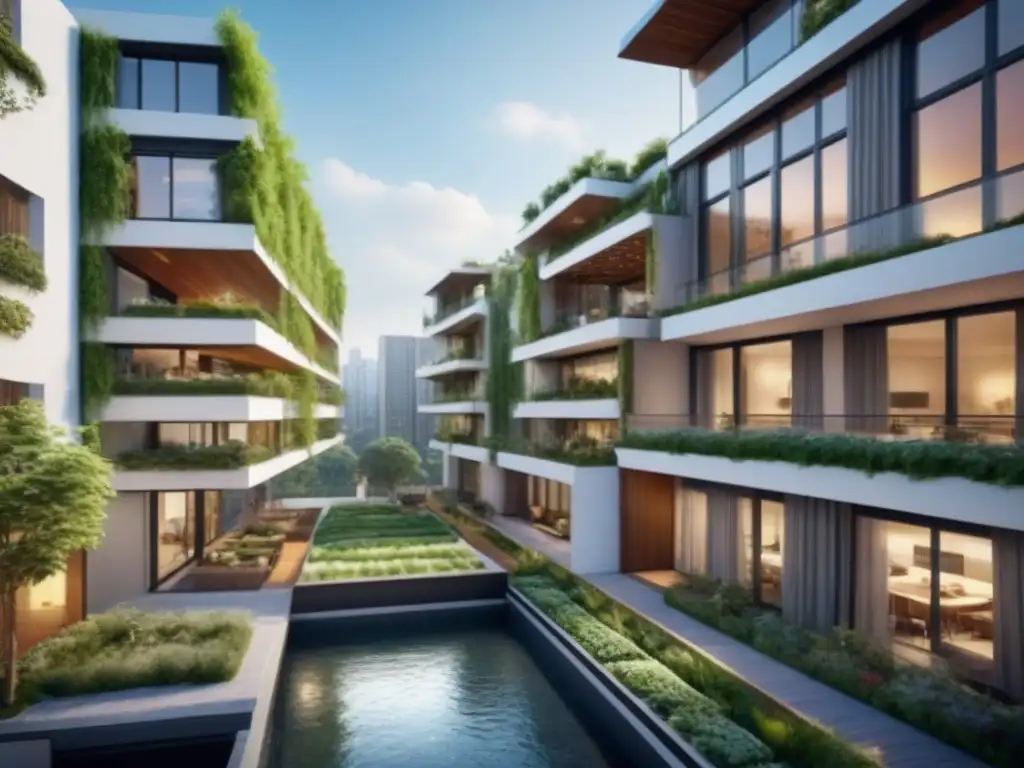 Edificio sostenible con vegetación integrada y actividades eco en ciudad Edificaciones sostenibles en mercado inmobiliario: Diseño arquitectónico moderno con integración de naturaleza y tecnología ecoamigable