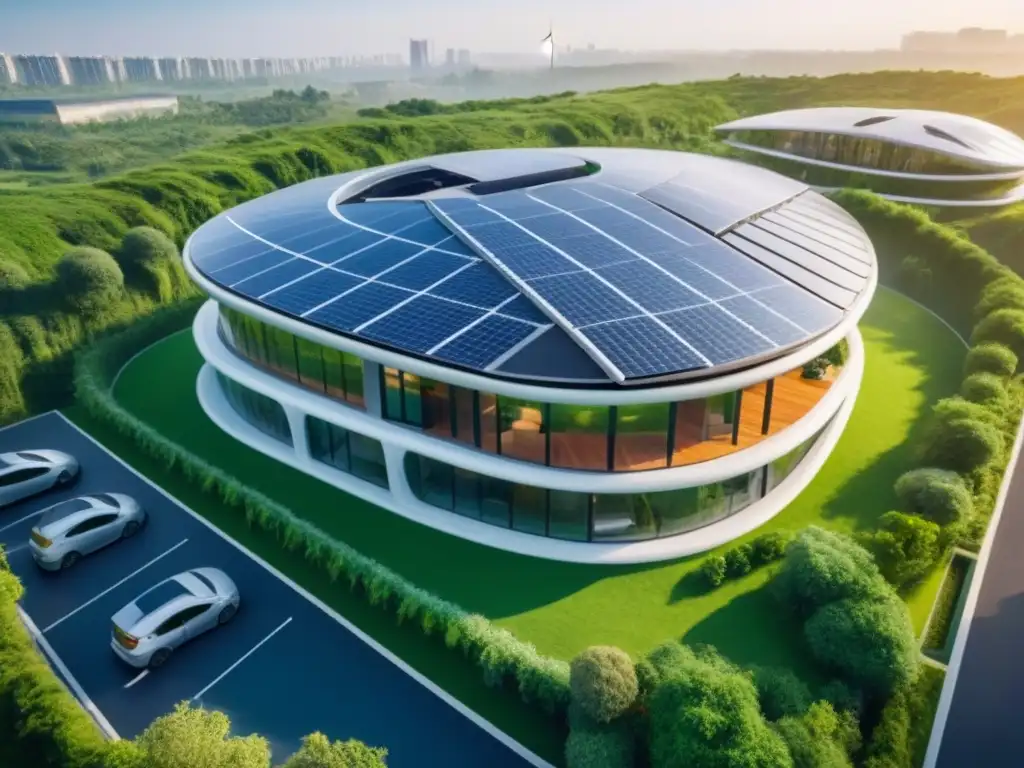 Complejo sustentable futurista: armonía entre naturaleza y diseño innovador Edificaciones sostenibles en el mercado inmobiliario: complejo futurista rodeado de vegetación, paneles solares y turbinas eólicas