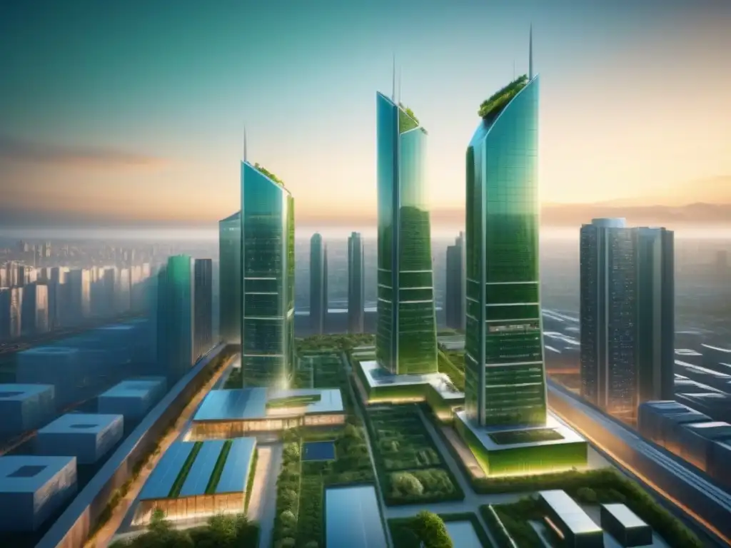 Metrópolis verde del futuro: arquitectura sostenible en 8k Invertir en edificaciones verdes internacionales: Una ciudad futurista fusionando naturaleza y arquitectura sostenible al atardecer