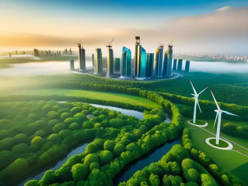 Cityscape ecológico: futuro sostenible y energía renovable Invertir en edificaciones verdes internacionales: una ciudad futurista con arquitectura sostenible y energía renovable
