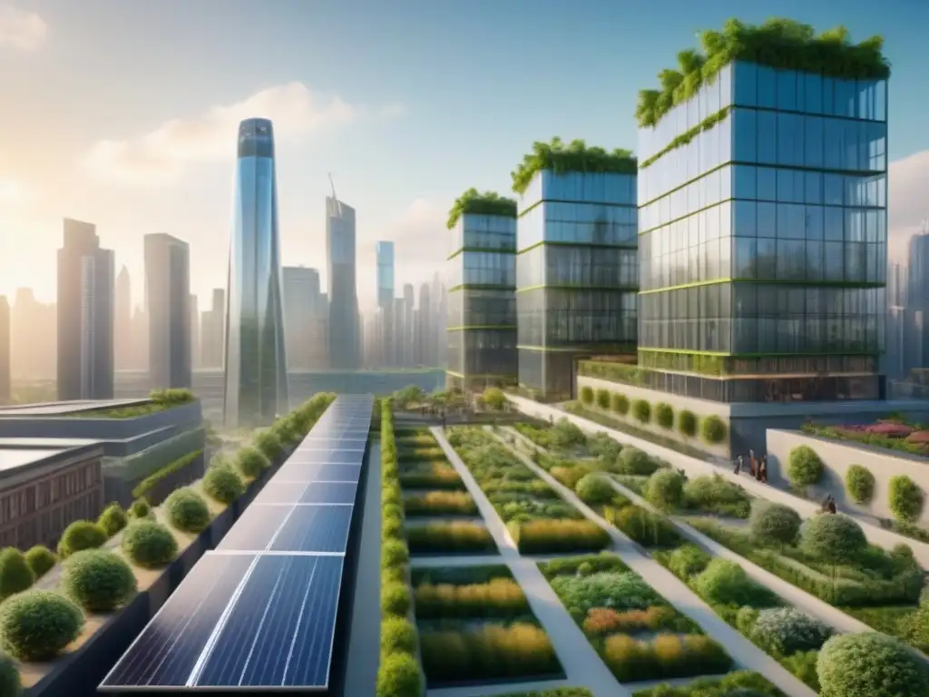 Metrópolis sostenible: arquitectura verde y comunidad vibrante en armonía Invertir en edificaciones verdes internacionales: Una ciudad moderna bulliciosa con arquitectura sostenible y comunidad activa