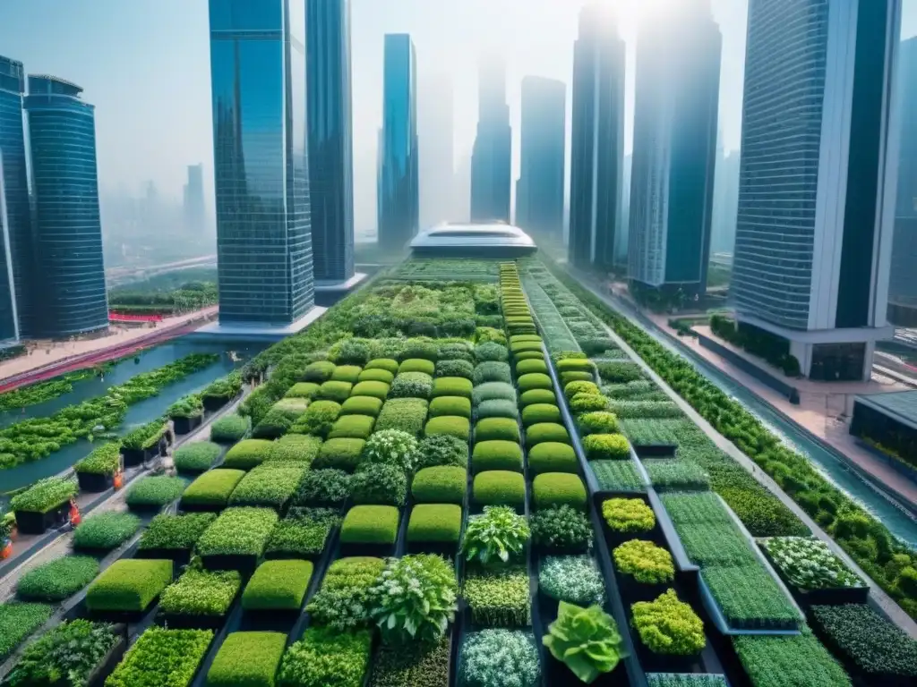 Metrópolis sostenible: rascacielos verdes y vida urbana vibrante Invertir en edificaciones verdes internacionales: Ciudad sostenible con rascacielos innovadores y jardines verticales
