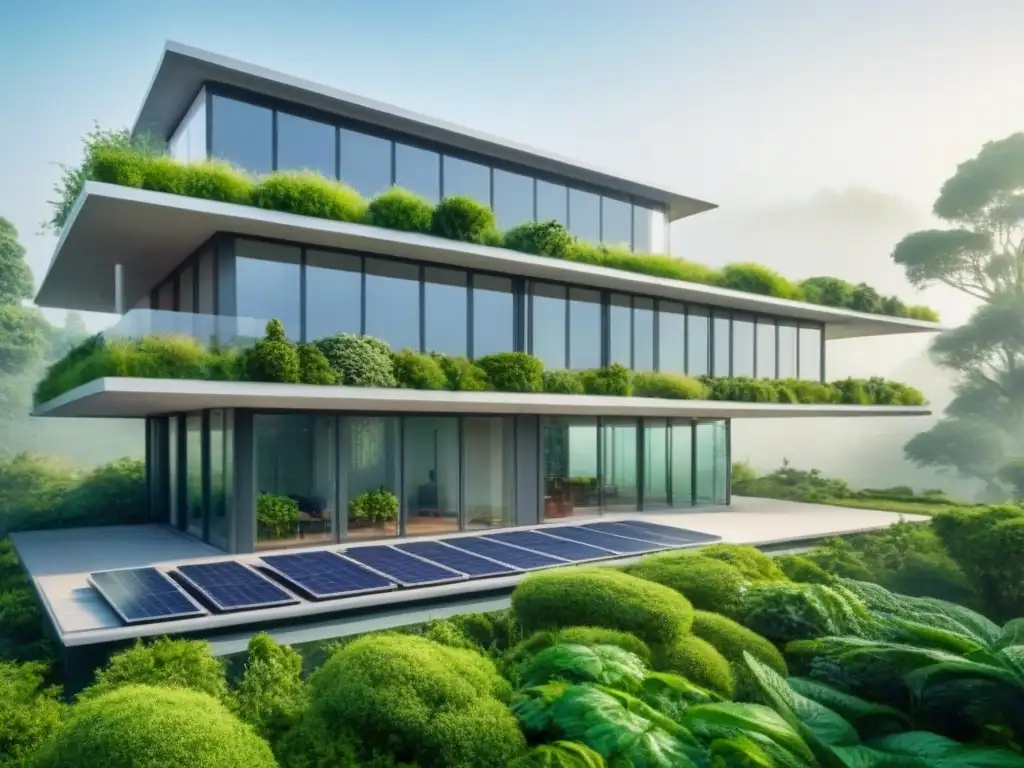 Edificio verde futurista: armonía entre naturaleza y modernidad Edificaciones verdes en armonía con la naturaleza: un edificio futurista con paneles solares, techo verde y sistemas de recolección de agua de lluvia