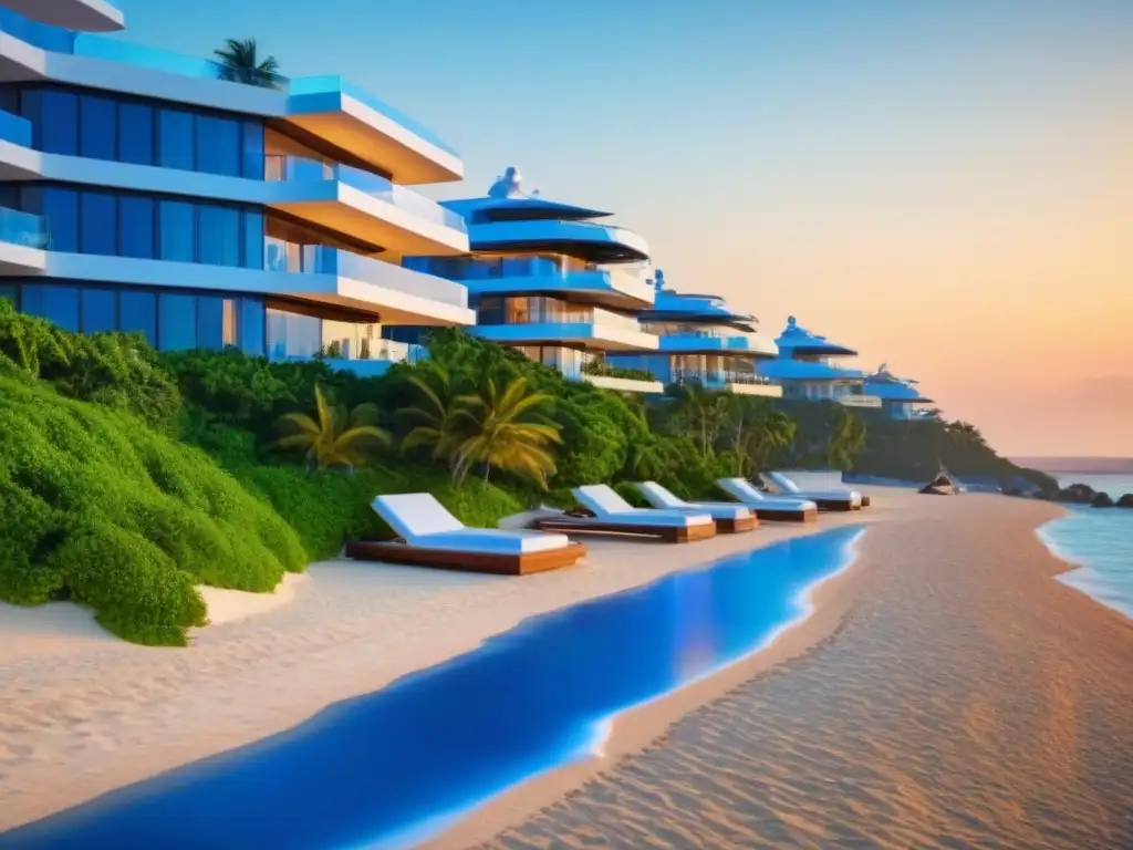 Edificio de lujo frente al mar al atardecer Un edificio de alta gama con diseño moderno entre vegetación, con vista a la playa al atardecer y yates navegando