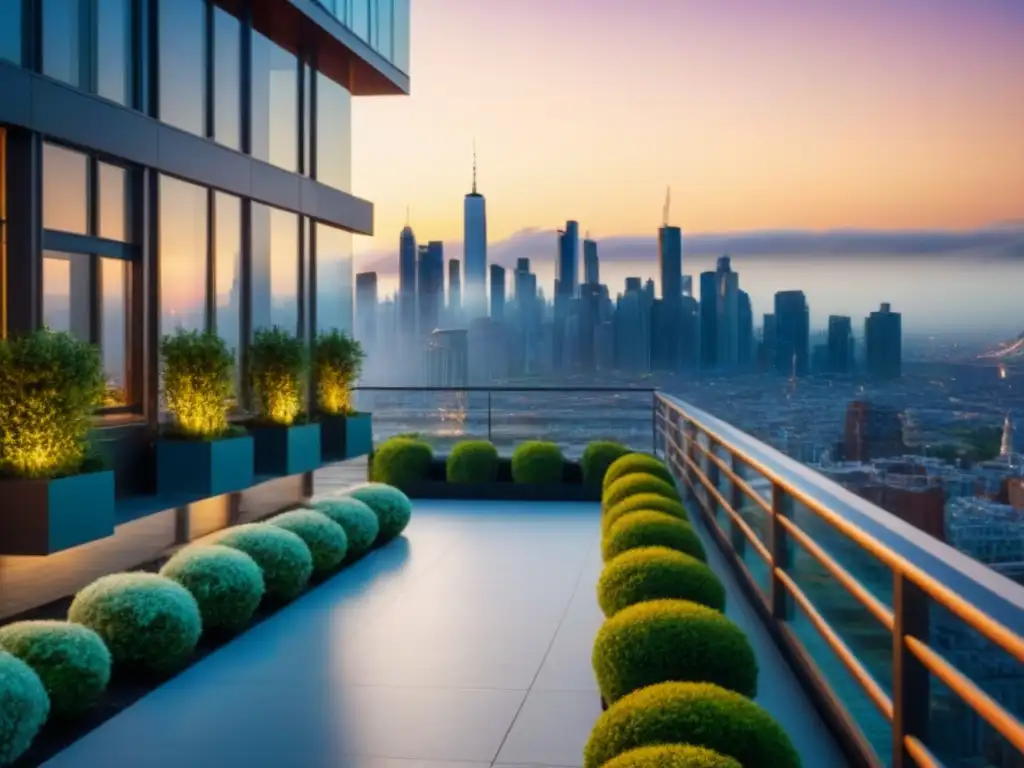 Rascacielos de lujo en la ciudad: sofisticación urbana al atardecer Edificio de apartamentos de lujo con arquitectura moderna frente a la ciudad, reflejando un atardecer dorado