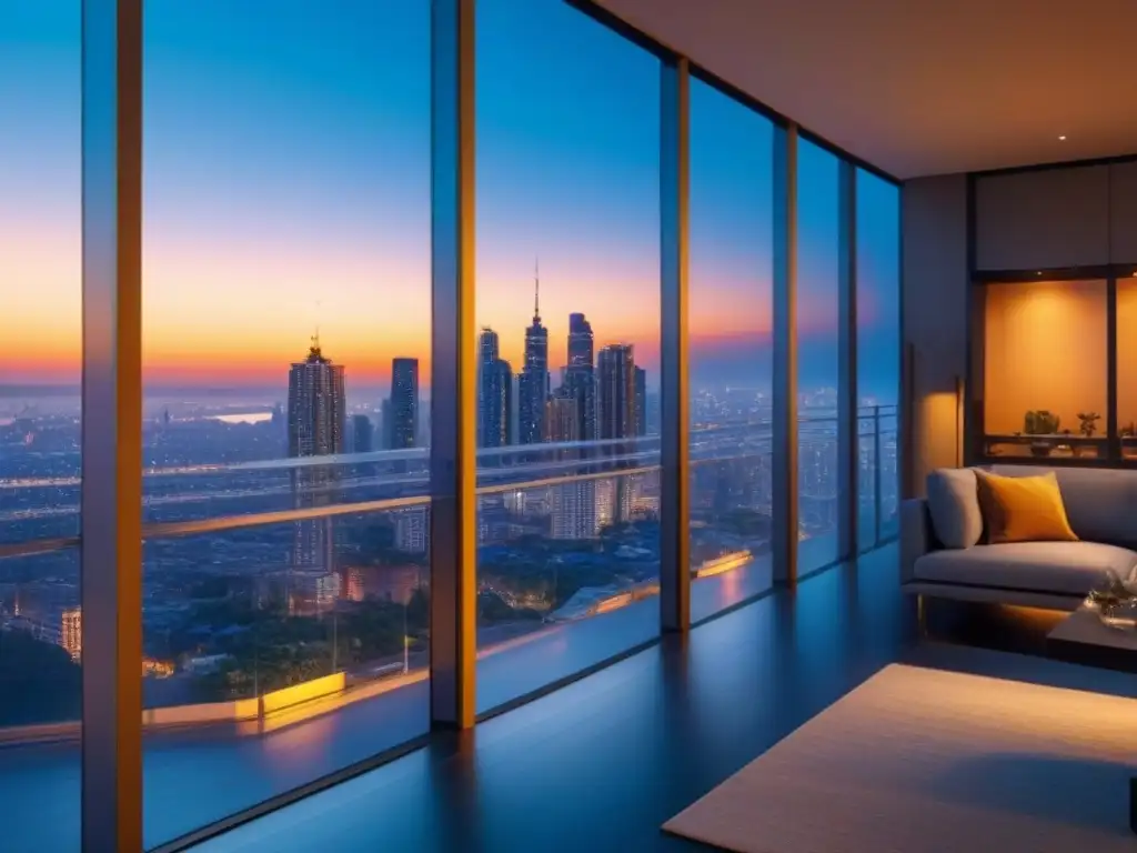 Edificio de lujo en la ciudad al atardecer Un edificio de apartamentos de lujo con arquitectura moderna, reflejando la ciudad al atardecer
