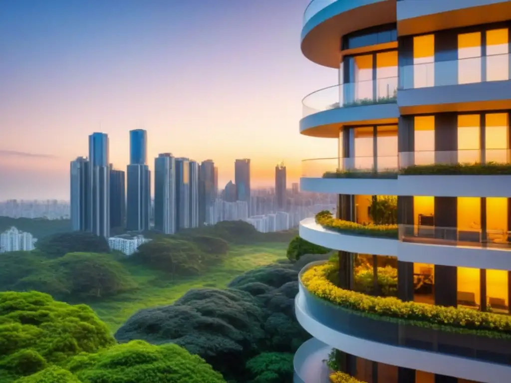 Edificio de apartamentos de lujo al atardecer, éxito en alquileres Edificio de apartamentos de lujo al atardecer, con ventanales reflejando el sol dorado, rodeado de vegetación y ciudad