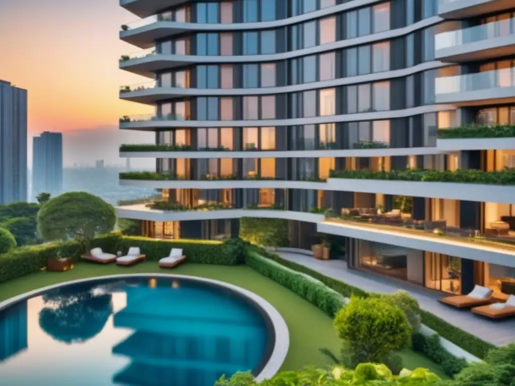 Edificio de lujo en atardecer urbano con jardín en la azotea Edificio de apartamentos de lujo en la ciudad al atardecer con jardín en la azotea y piscina