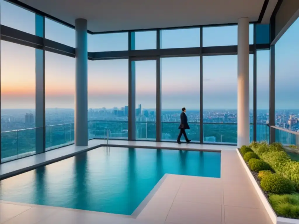 Edificio de lujo con vista panorámica en ciudad moderna Edificio de apartamentos de lujo en una ciudad moderna, con arquitectura futurista y soluciones residenciales innovadoras