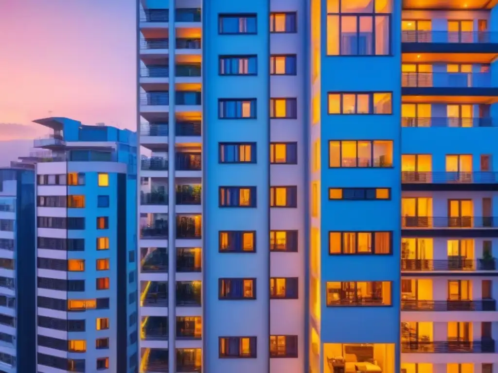 Rascacielos de lujo al atardecer en ciudad emergente Edificio de apartamentos de lujo al anochecer en una ciudad emergente, reflejando la energía urbana