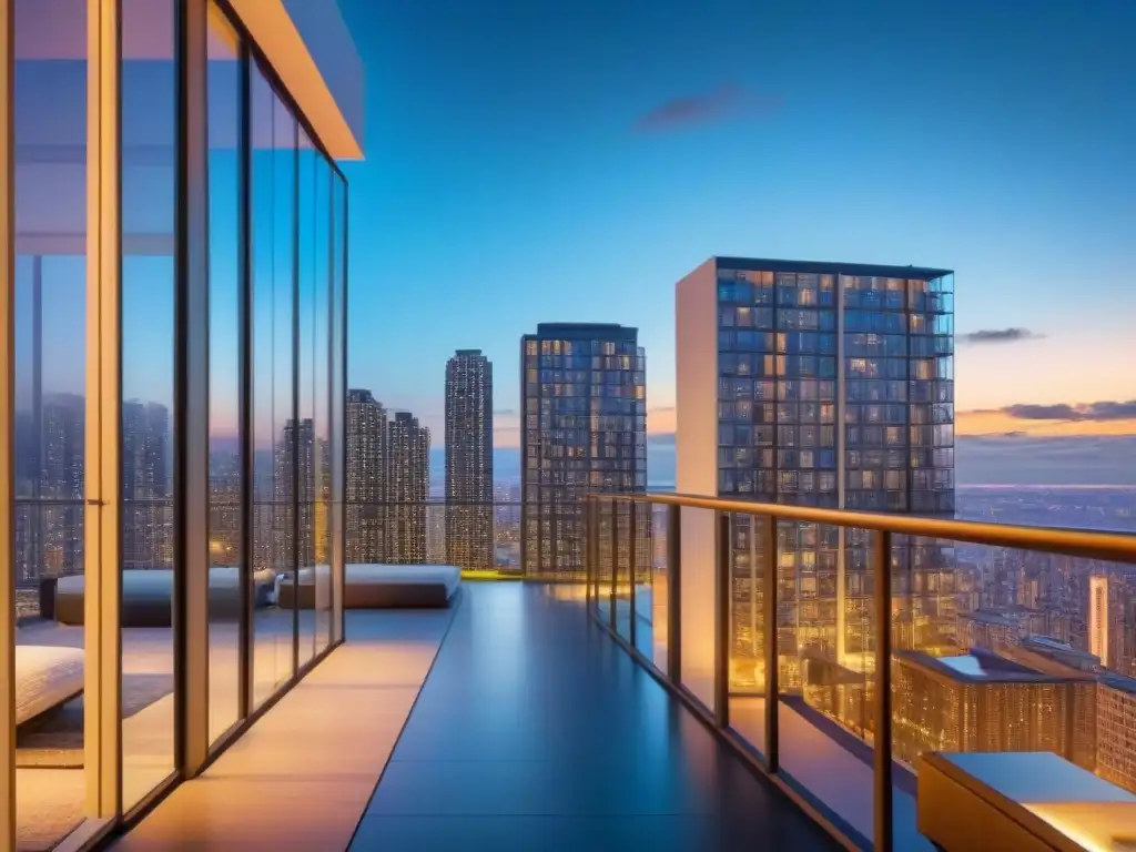 Edificio de lujo con vista nocturna de la ciudad Un edificio de apartamentos de lujo y diseño moderno con ventanales de piso a techo que reflejan un vibrante paisaje urbano nocturno