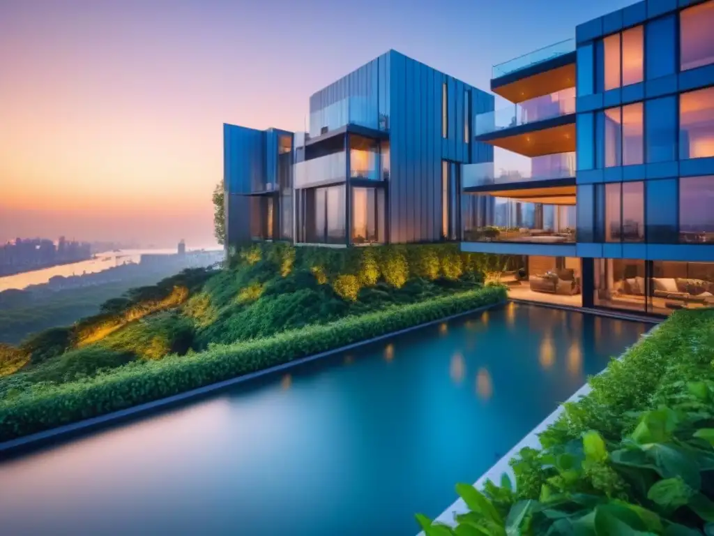 Edificio de lujo con vista panorámica al atardecer en la ciudad Edificio de apartamentos de lujo con diseño moderno y vista panorámica de la ciudad al atardecer