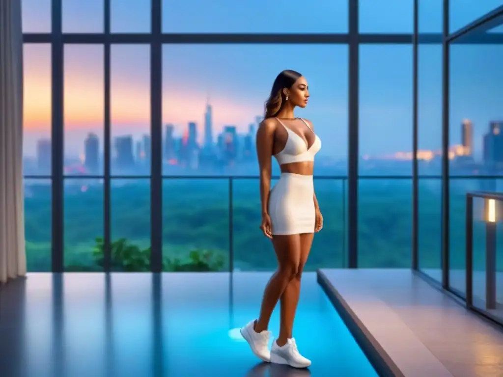 Edificio de lujo en ciudad: sofisticación y exclusividad Edificio de apartamentos de lujo con diseño moderno, rodeado de vegetación, piscina en la azotea y lobby elegante