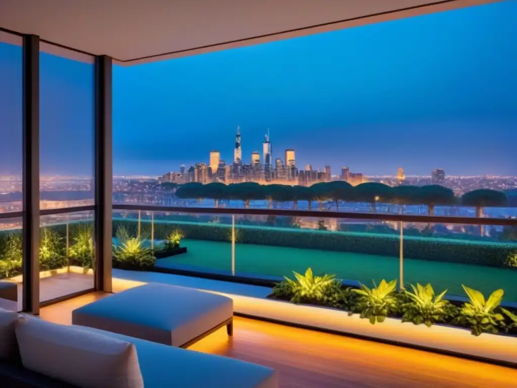 Edificio de lujo con vistas urbanas al atardecer Edificio de apartamentos de lujo con diseño moderno y vistas a la ciudad al anochecer, reflejando estrategias éxito inmobiliario entorno inflacionario