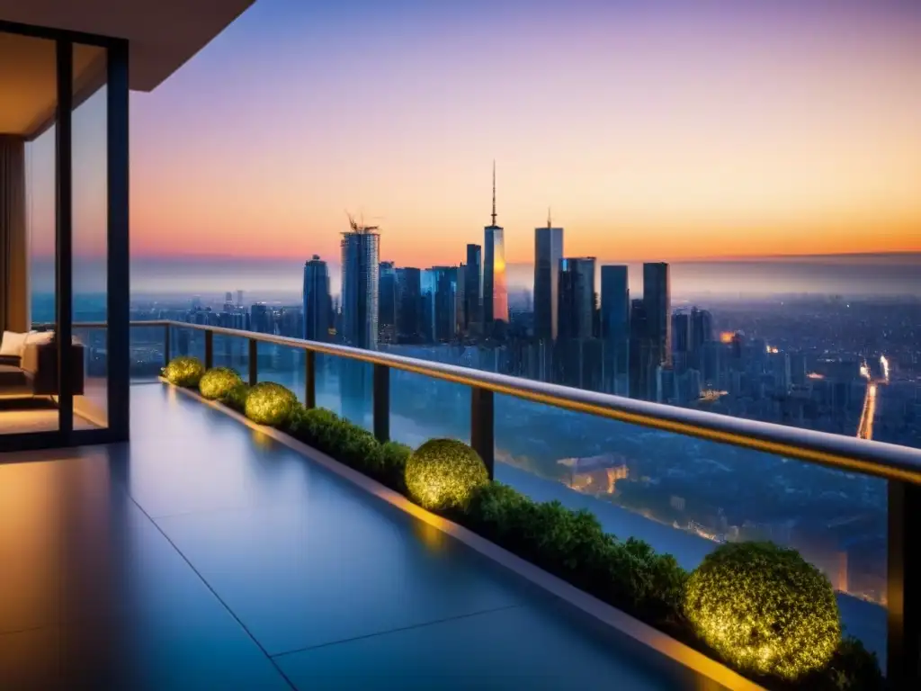 Edificio de apartamentos de lujo con vistas a la ciudad al atardecer Edificio de apartamentos de lujo con diseño moderno y balcones, bañado por la cálida luz dorada del atardecer sobre la ciudad