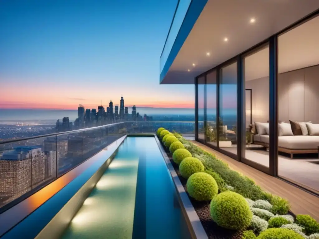 Edificio de lujo con jardín en la azotea y vistas urbanas al atardecer Un edificio de apartamentos de lujo con diseño vanguardista y jardín en la azotea con vista a la ciudad al anochecer