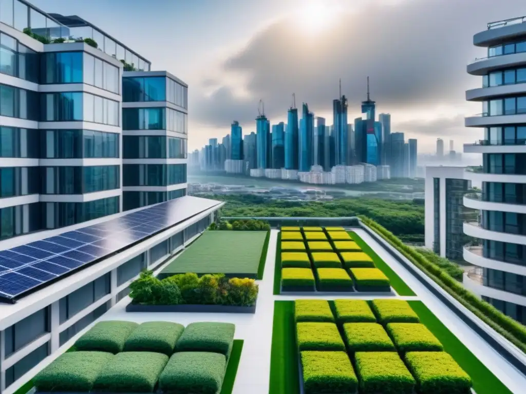 Edificio de apartamentos de lujo con diseño futurista y sostenible Edificio de apartamentos de lujo con diseño futurista, jardín verde en la azotea y energía renovable