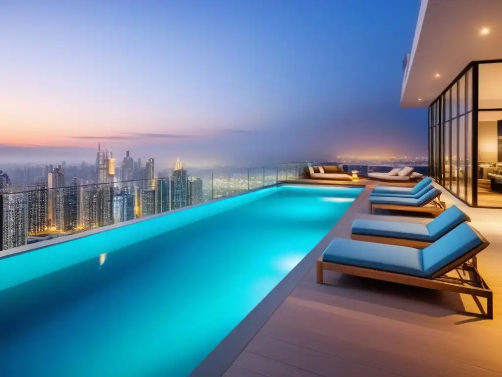 Edificio de lujo con vista panorámica y piscina en la azotea Un edificio de apartamentos de lujo y moderno con vistas a la ciudad y una terraza en la azotea con piscina y área de descanso