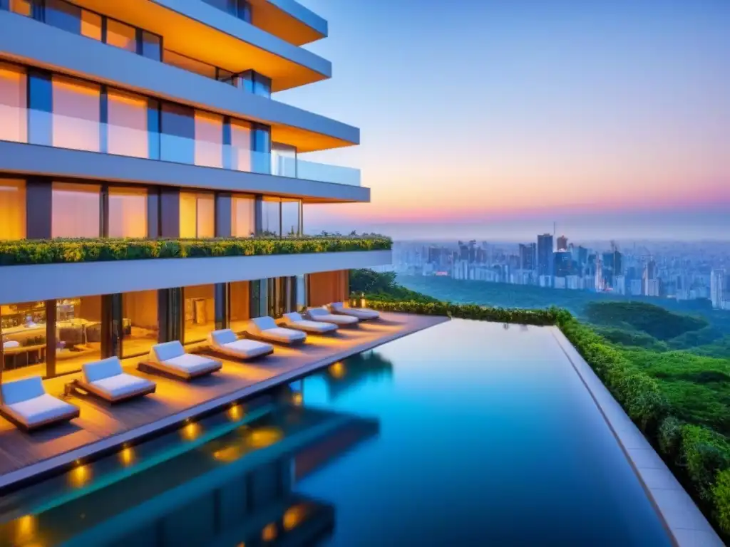 Edificio de lujo con piscina infinita en la azotea Un edificio de apartamentos de lujo y moderno con piscina infinita en la azotea, rodeado de vegetación, en una ciudad vibrante al atardecer