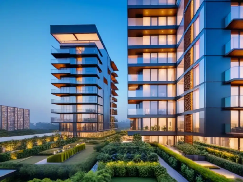 Edificio eco-sostenible de lujo con paneles solares y LED Un edificio de apartamentos de lujo y moderno con paredes de vidrio reflectante, rodeado de vegetación exuberante bajo un cielo azul claro