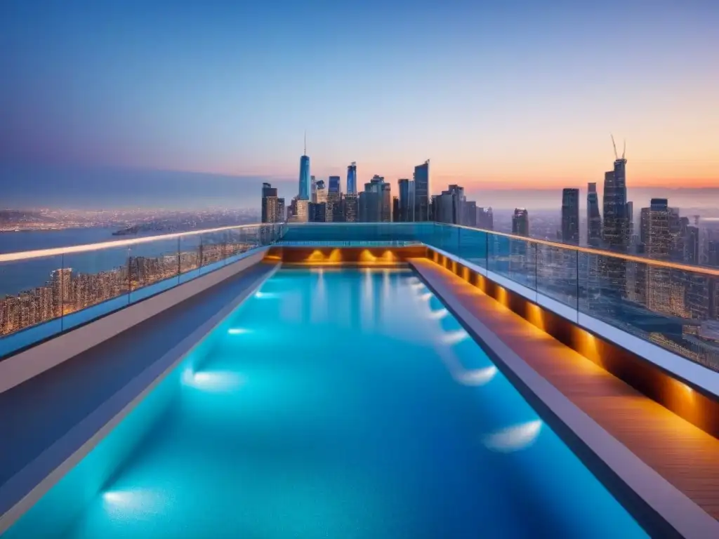 Rascacielos de lujo con piscina en la azotea: inversión urbana Edificio de apartamentos de lujo con piscina en la azotea, vista a la ciudad al atardecer