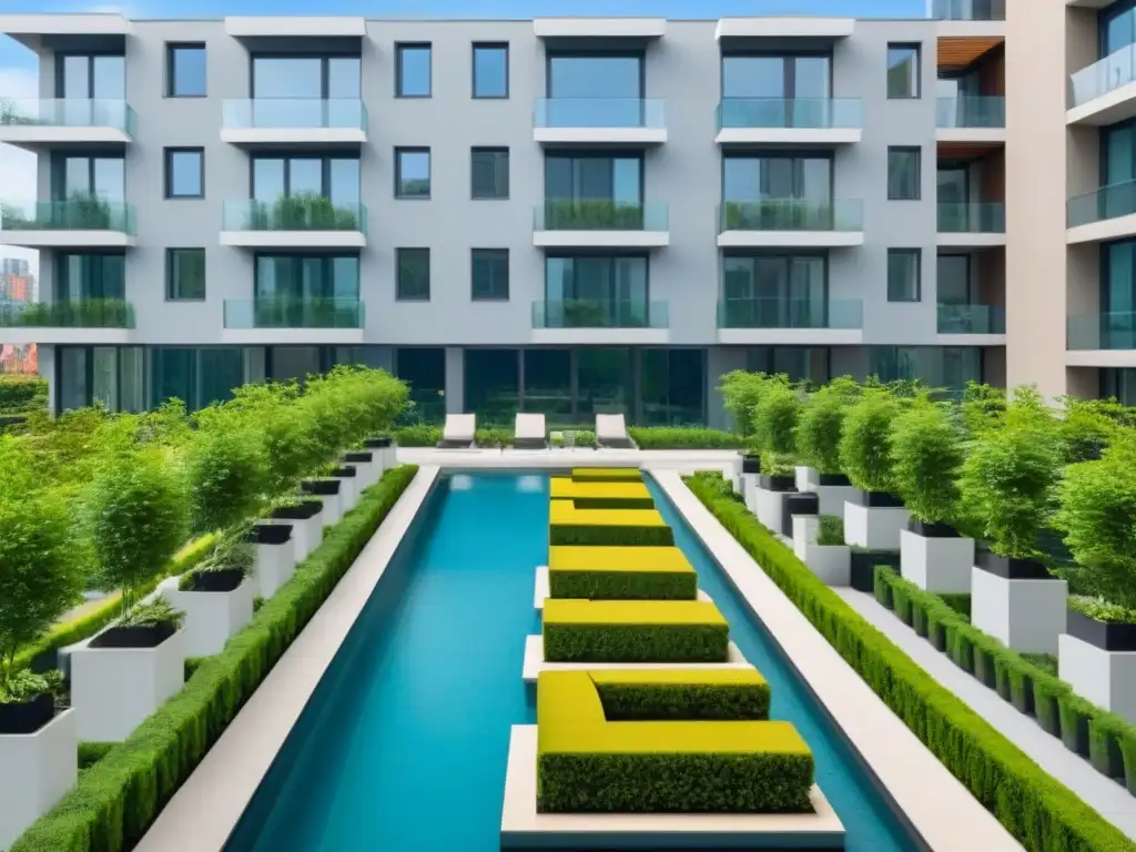 Edificio de lujo en la ciudad con vistas aéreas y naturaleza exuberante Edificio de apartamentos de lujo rodeado de vegetación exuberante y cielo azul, con diseño arquitectónico moderno y terraza en la azotea con piscina